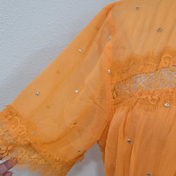 Anthropologie Orange Ruffled Tiered Gown with Bishop Sleeves - Picture 5 of 7